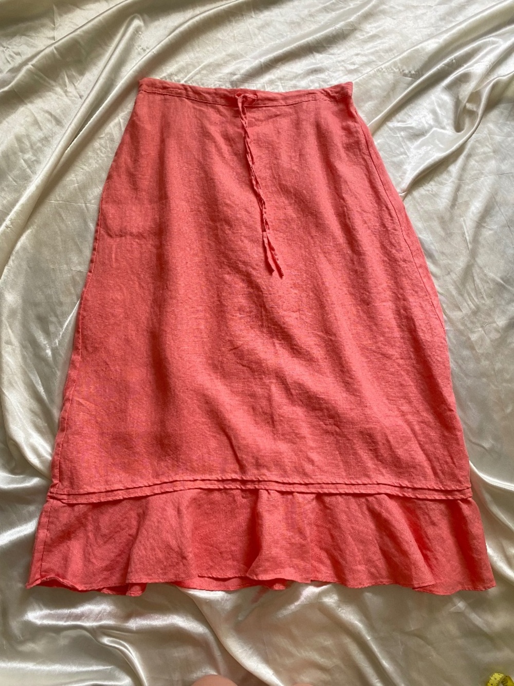 100% Linen Pink Coral Ruffle Maxi Drawstring Skirt Medium